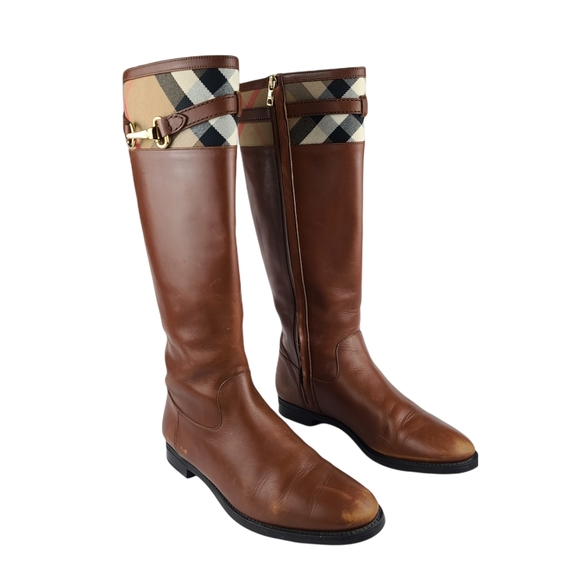 Timeless Elegance: Burberry Brown Check Mapledene Tall Leather Boots Size 8
